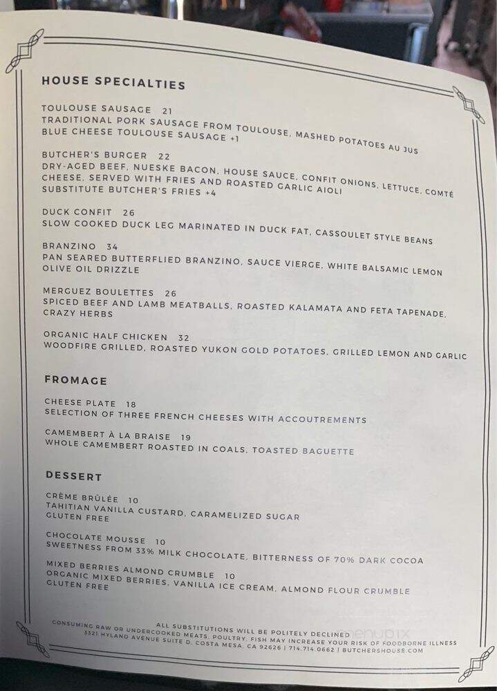 Butcher's House Brasserie - Costa Mesa, CA menu_pic