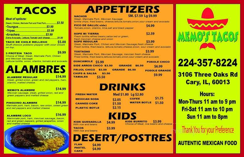 Memo's Tacos - Cary, IL menu_pic