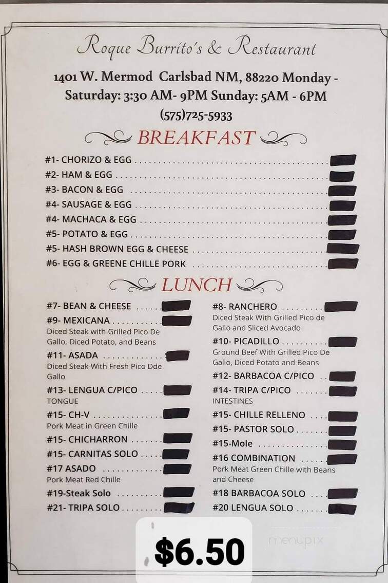 Roque Burrito's and Mexican Food - Carlsbad, NM menu_pic