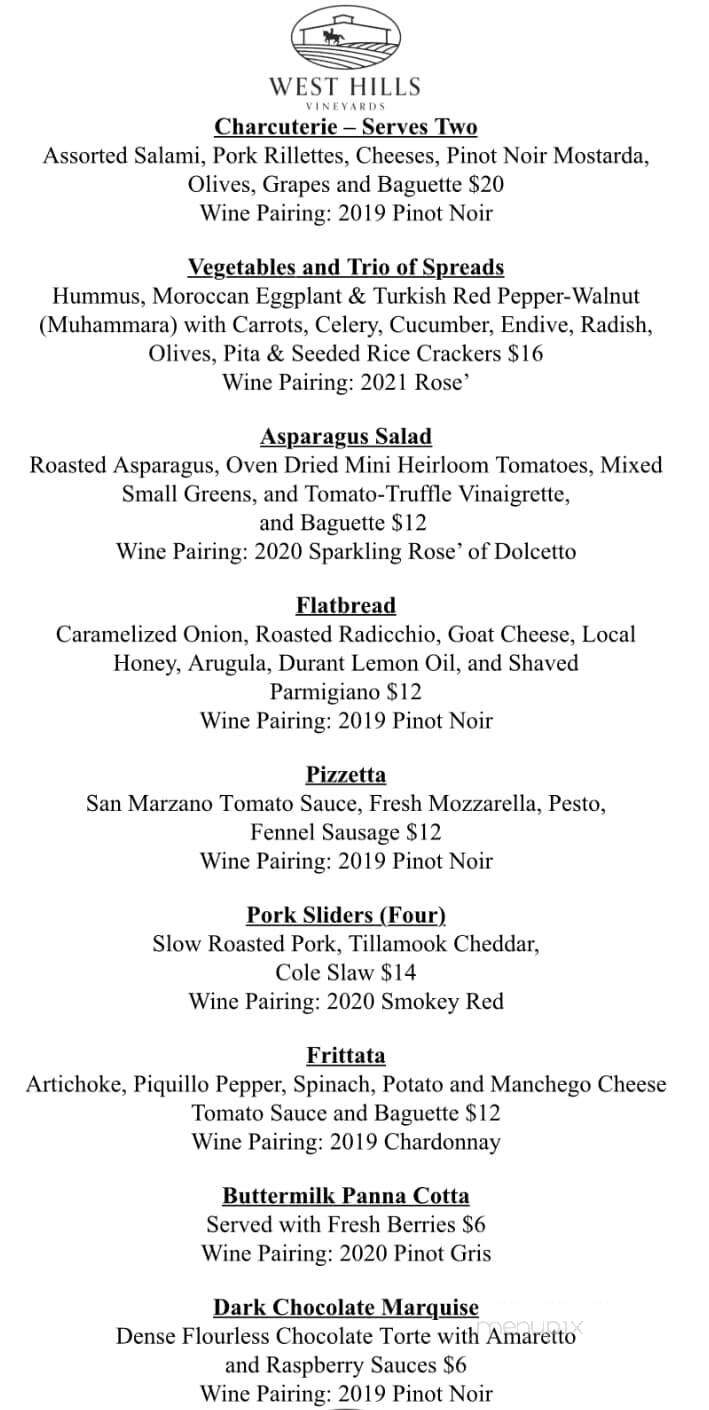 West Hills Vineyards - Salem, OR menu_pic