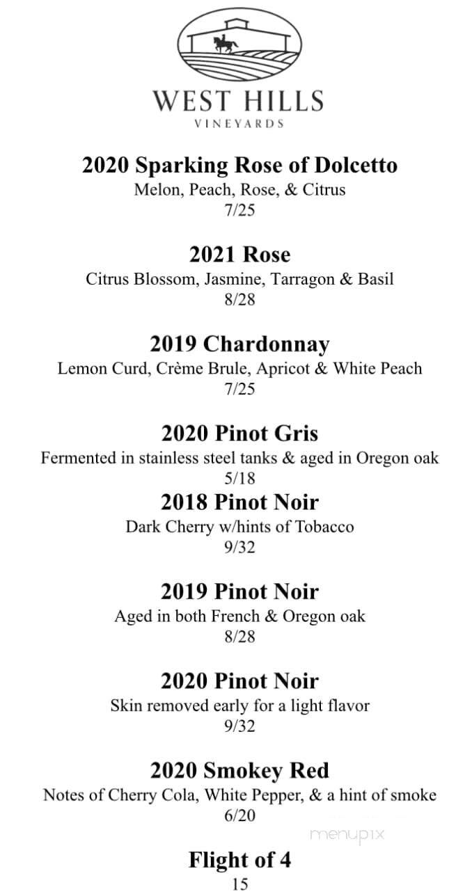 West Hills Vineyards - Salem, OR menu_pic