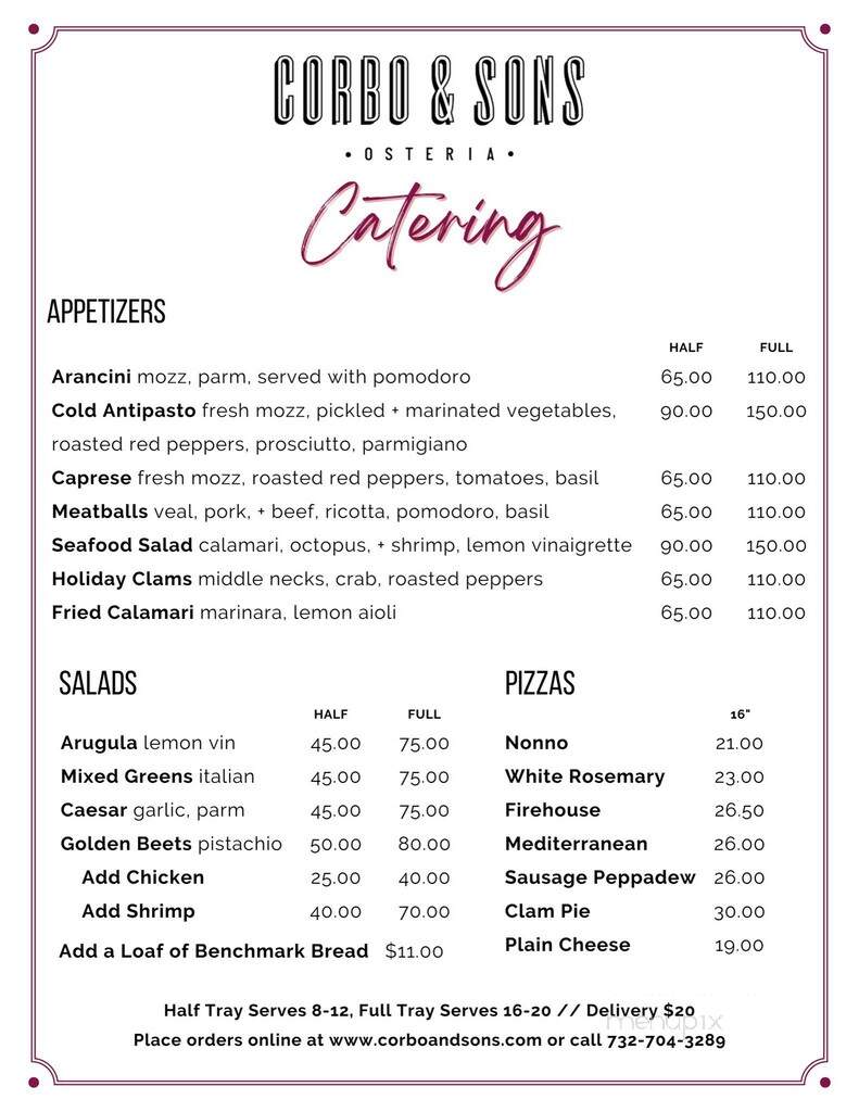 Corbo & Sons Osteria - Shrewsbury, NJ menu_pic