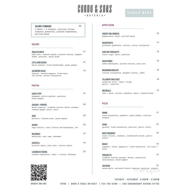 Corbo & Sons Osteria - Shrewsbury, NJ menu_pic