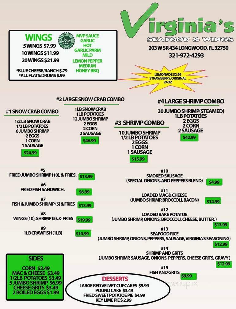 Virginia's Seafood & Wings - Longwood, FL menu_pic