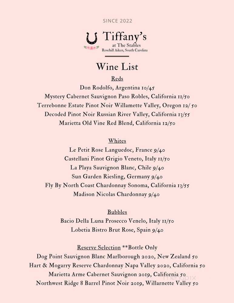 Tiffany's at the Stables - Aiken, SC menu_pic