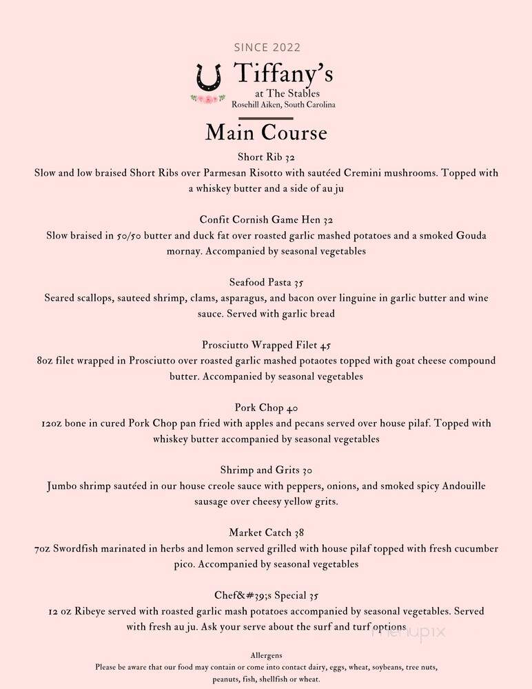 Tiffany's at the Stables - Aiken, SC menu_pic