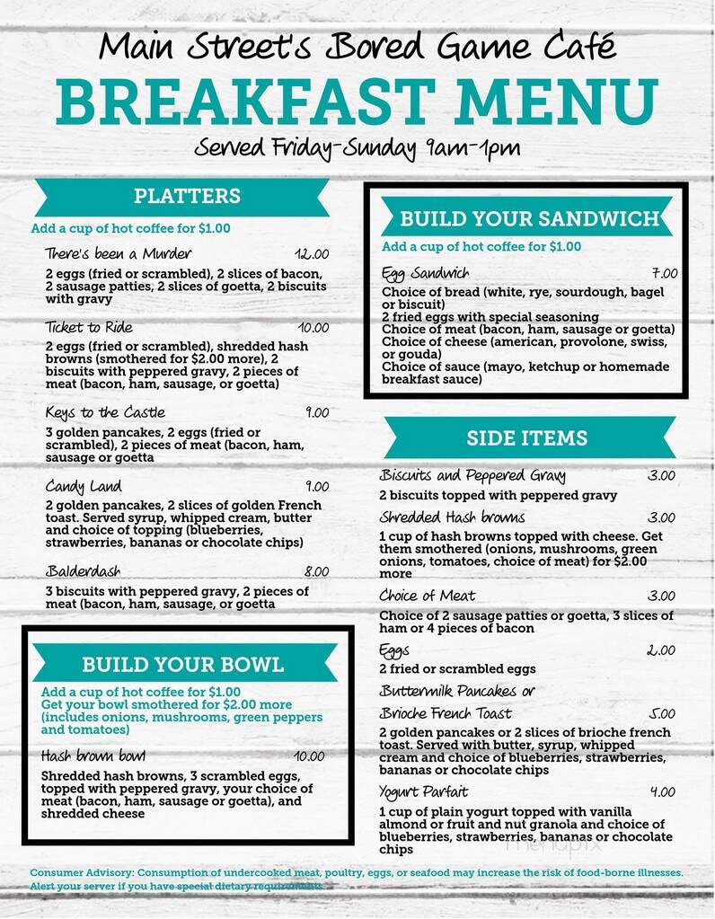 Main Street's Bored Game Cafe - Alexandria, KY menu_pic