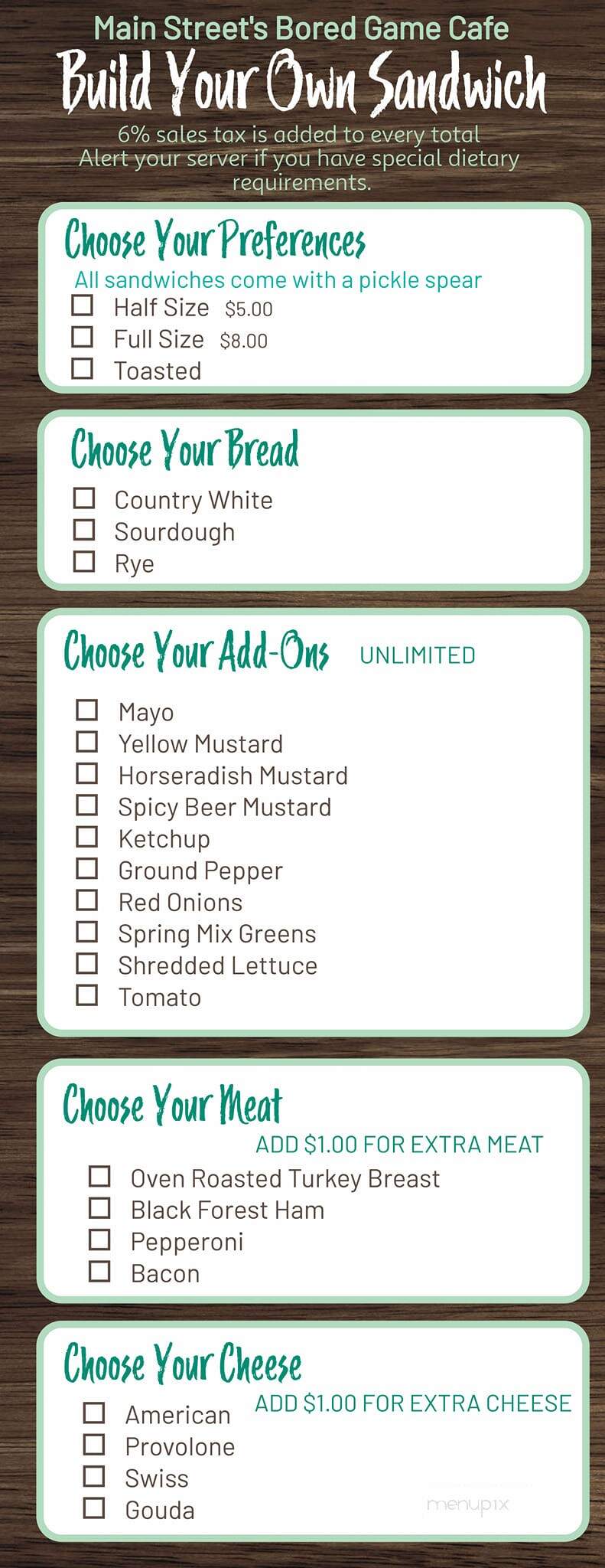 Main Street's Bored Game Cafe - Alexandria, KY menu_pic