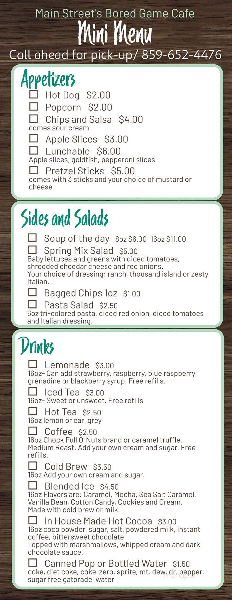 Main Street's Bored Game Cafe - Alexandria, KY menu_pic