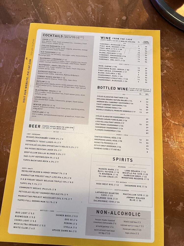 Pie Tap Pizza Workshop + Bar - Frisco, TX menu_pic
