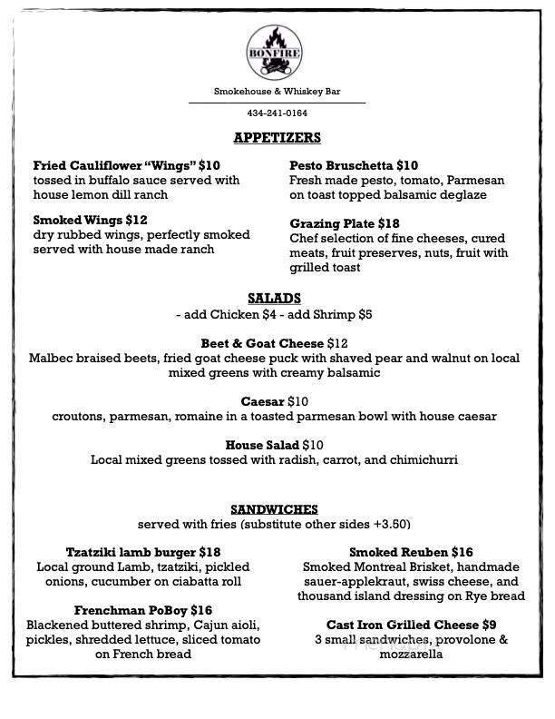 Bonfire Burgers & Bourbon - Amherst, VA menu_pic