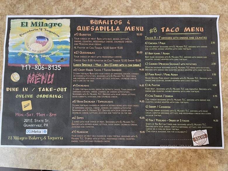 El Milagro Bakery and Taqueria - Quarryville, PA menu_pic