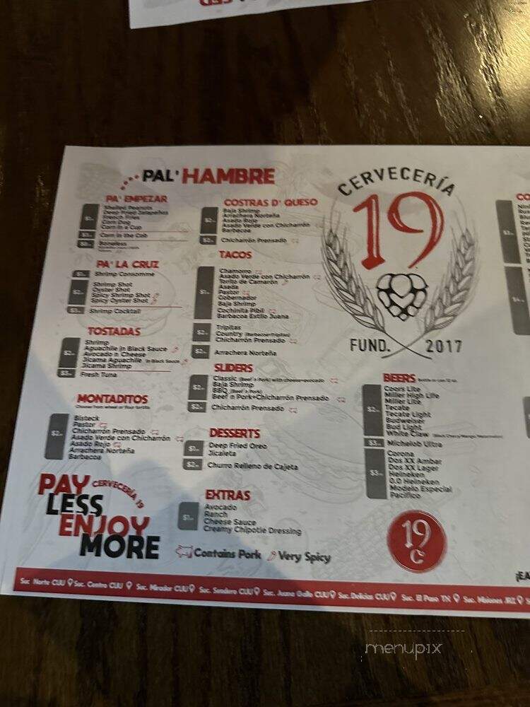 Cerveceria 19 - El Paso, TX menu_pic