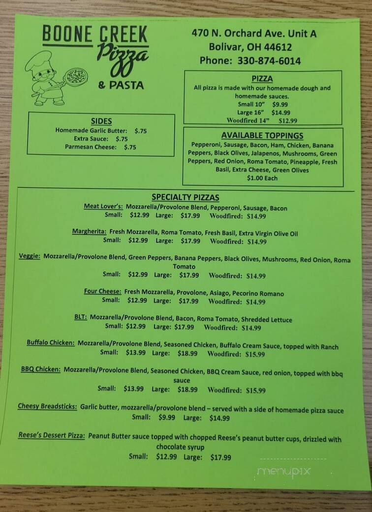 Boone Creek Pizza & Pasta - Bolivar, OH menu_pic