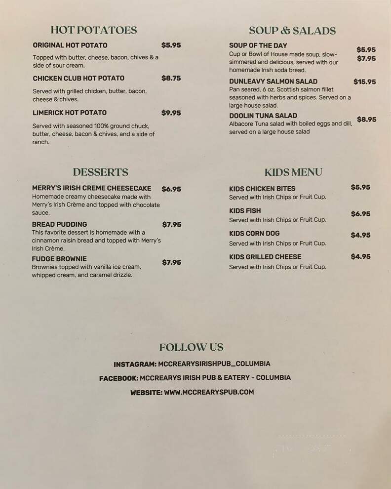 McCreary's Irish Pub & Eatery - Columbia, TN menu_pic