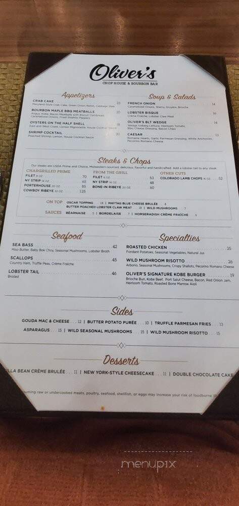 Oliver's Chop House & Bourbon Bar - Louisville, KY menu_pic