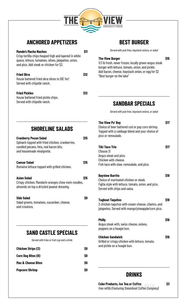 The View - Kimberling City, MO menu_pic