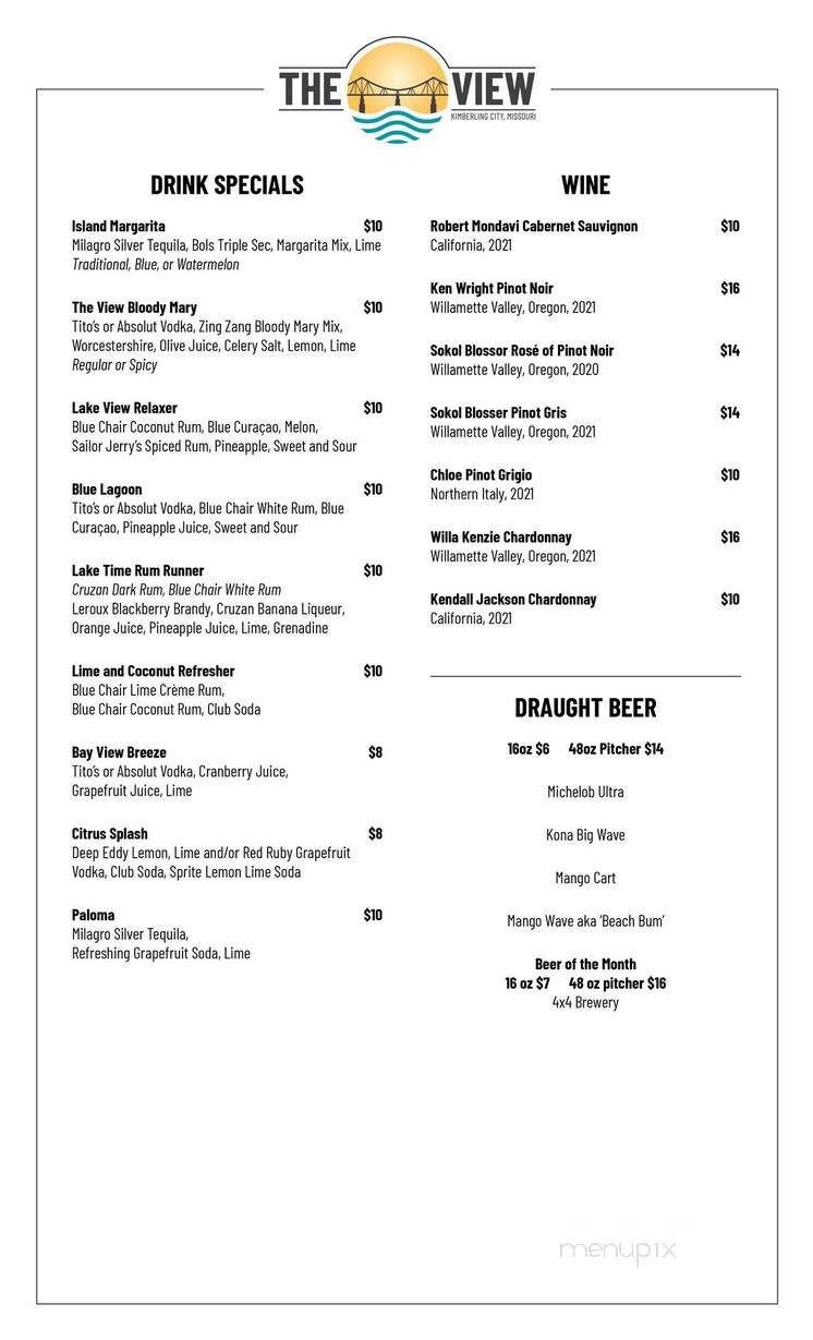 The View - Kimberling City, MO menu_pic