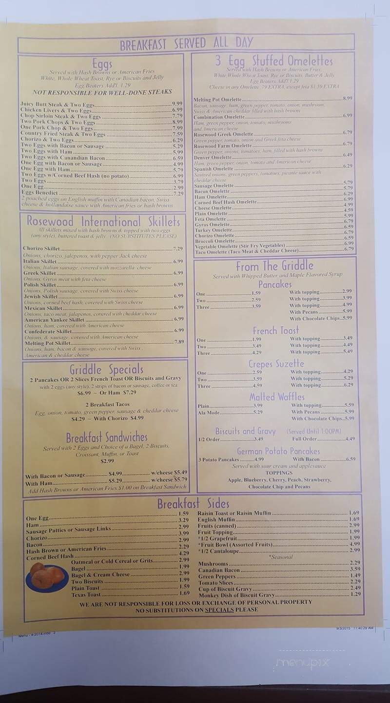 Rosewood Family Restaurant - Valparaiso, IN menu_pic