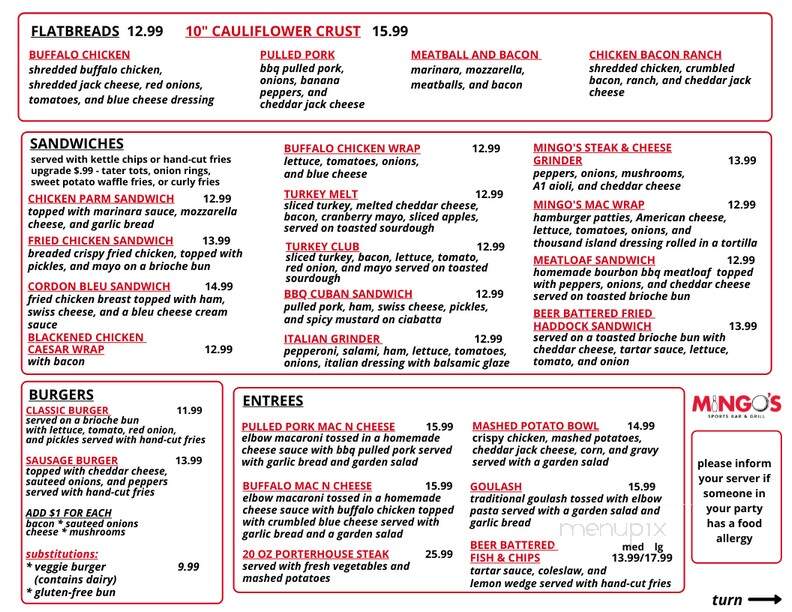 Mingo's Sports Bar And Gril - North Adams, MA menu_pic