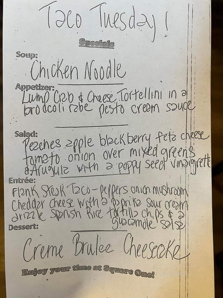 Square One Pub - New Hope, PA menu_pic