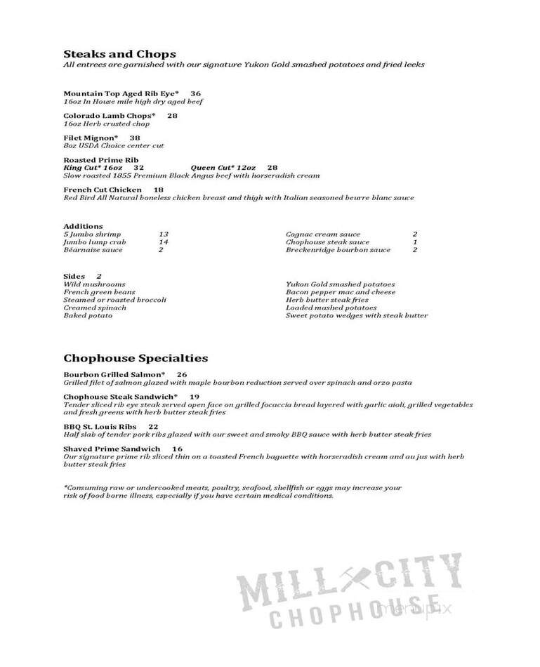 Mill City Chophouse and Bar - Black Hawk, CO menu_pic