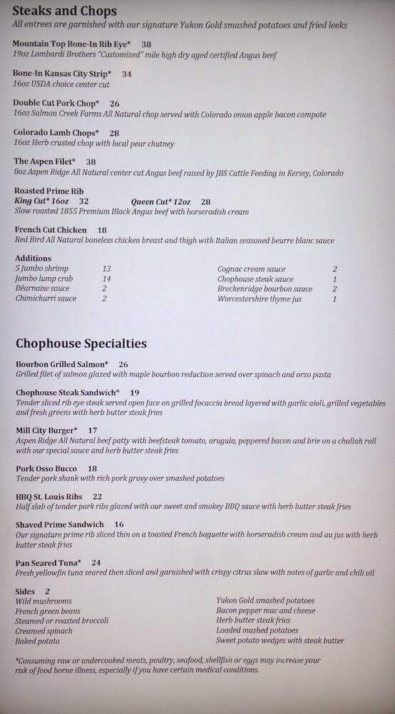 Mill City Chophouse and Bar - Black Hawk, CO menu_pic