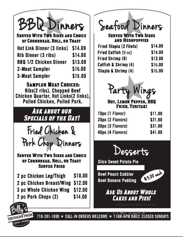 Billy's Southern Pride - Colorado Springs, CO menu_pic