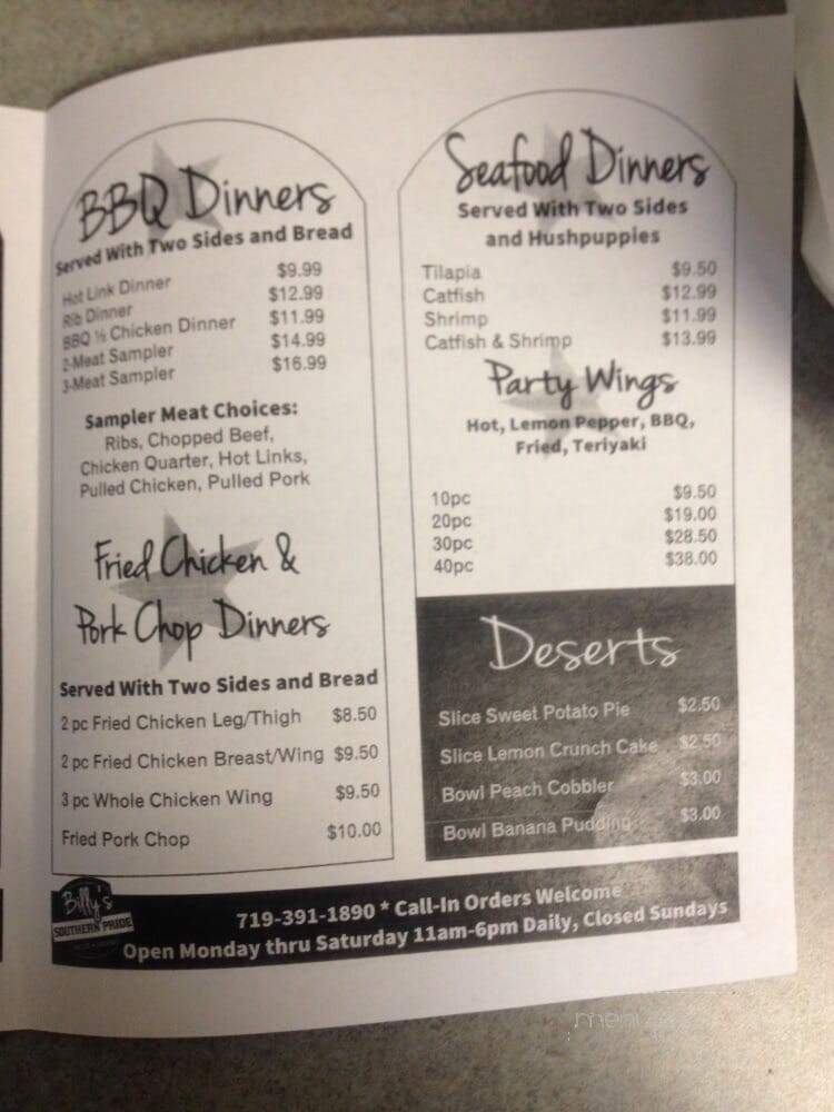 Billy's Southern Pride - Colorado Springs, CO menu_pic
