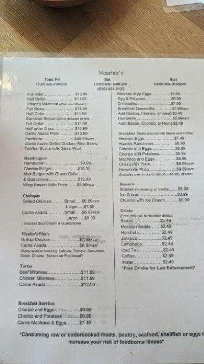 Neariah's Mexican Restaurant - Bisbee, AZ menu_pic