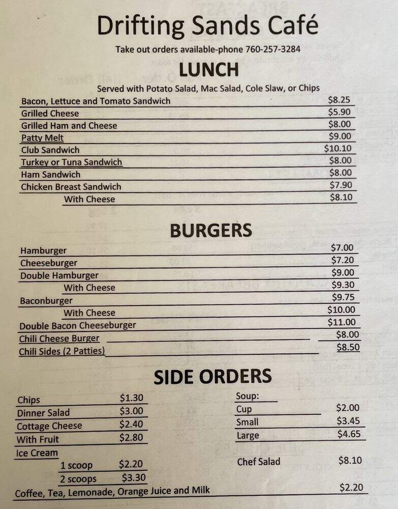 Drifting Sands Cafe - Newberry Springs, CA menu_pic