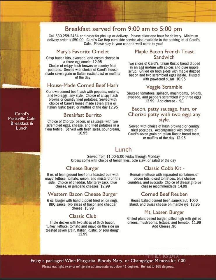 Carol's Cafe - Prattville, CA menu_pic