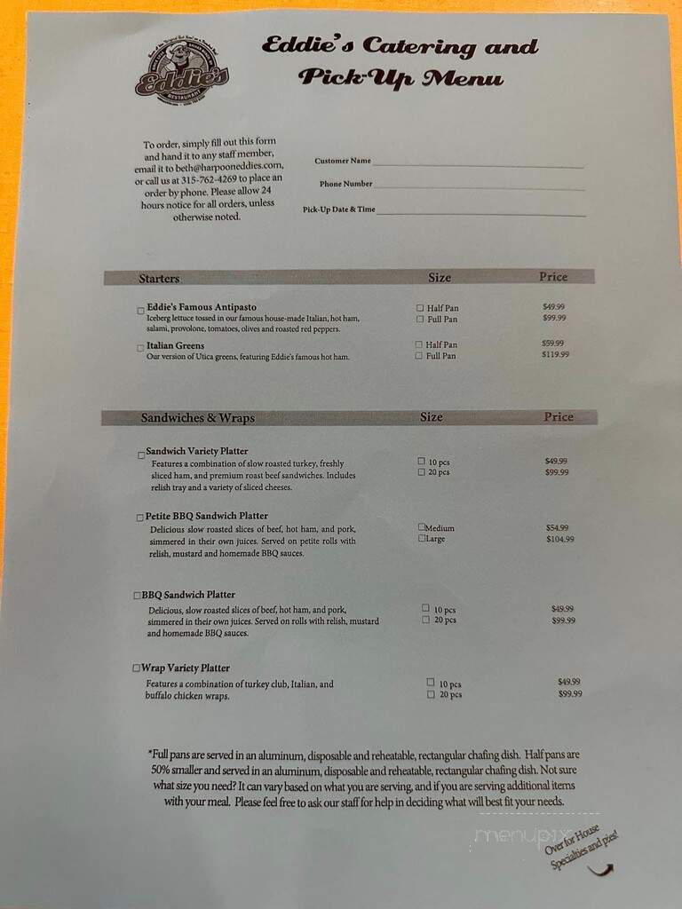 Eddie's Restaurant - Sylvan Beach, NY menu_pic