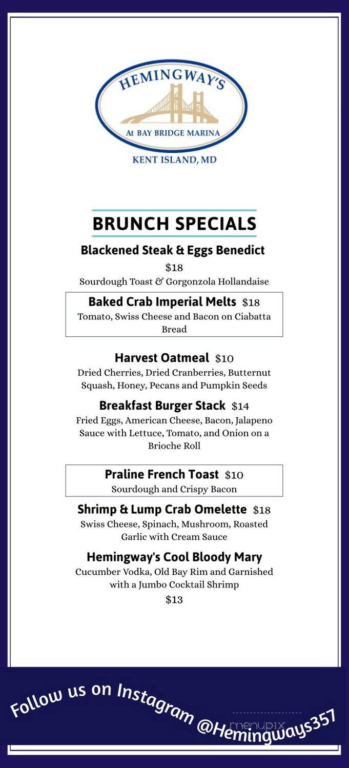 Hemingway's - Stevensville, MD menu_pic