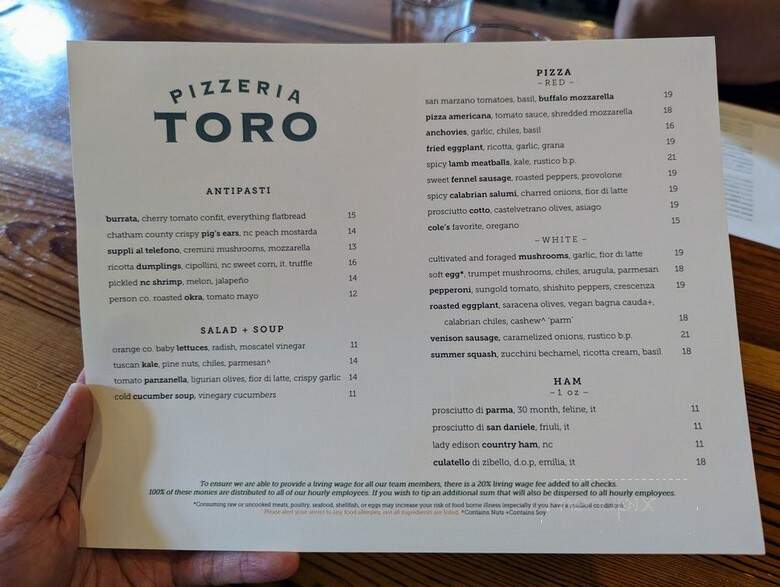 Pizzeria Toro - Durham, NC menu_pic