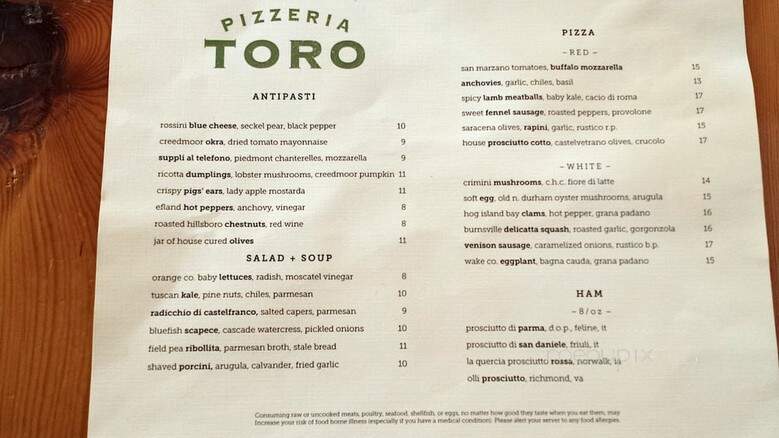 Pizzeria Toro - Durham, NC menu_pic