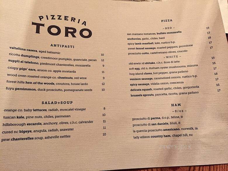 Pizzeria Toro - Durham, NC menu_pic