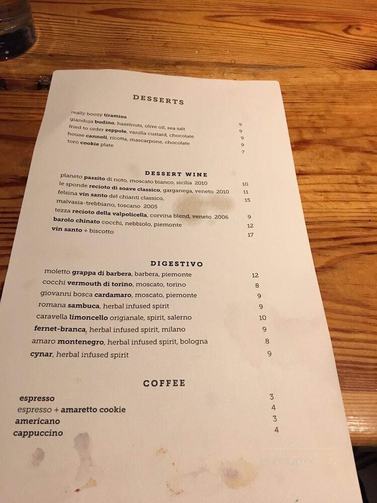 Pizzeria Toro - Durham, NC menu_pic