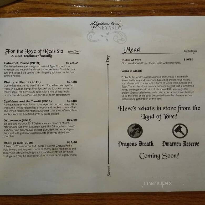 Hightower Creek Vineyards - Hiawassee, GA menu_pic