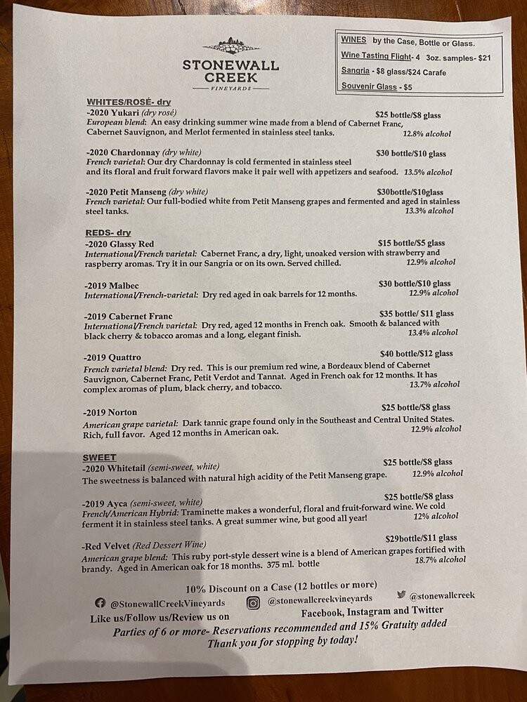 Stonewall Creek Vineyards - Tiger, GA menu_pic