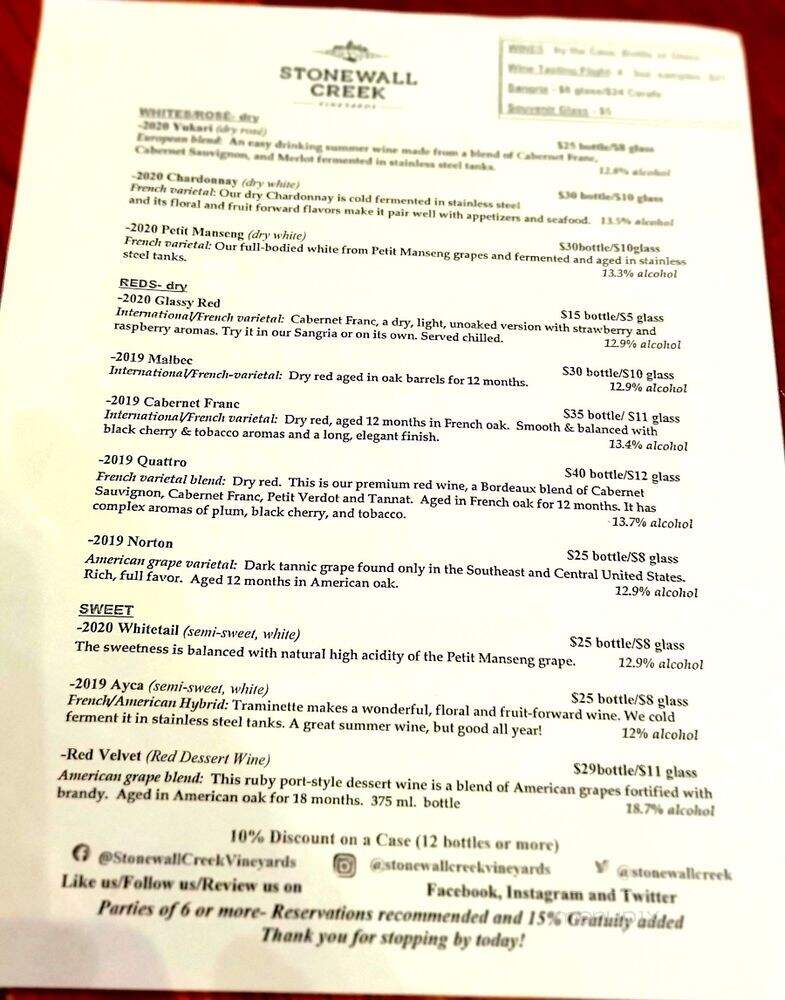Stonewall Creek Vineyards - Tiger, GA menu_pic