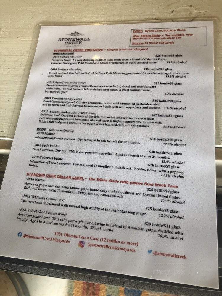 Stonewall Creek Vineyards - Tiger, GA menu_pic