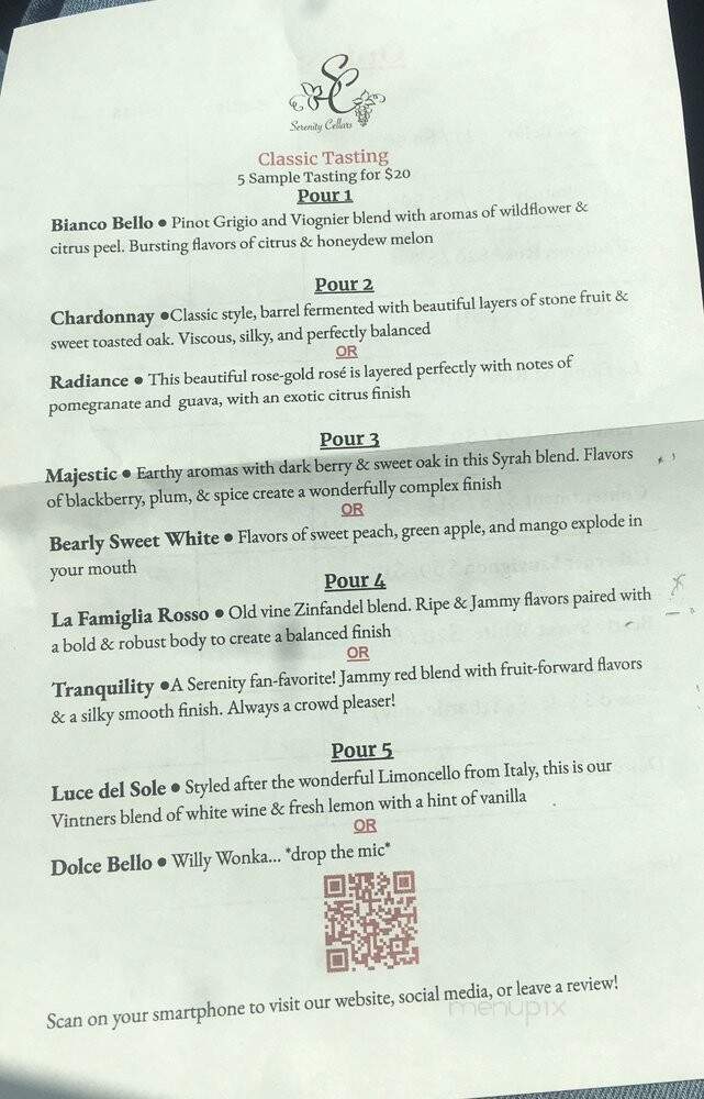 Serenity Cellars Winery - Cleveland, GA menu_pic