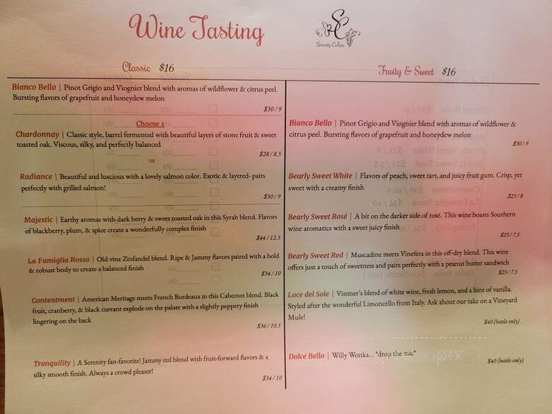 Serenity Cellars Winery - Cleveland, GA menu_pic