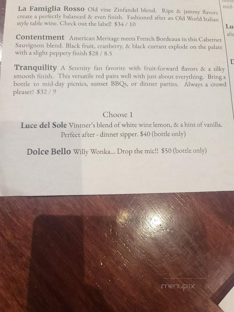 Serenity Cellars Winery - Cleveland, GA menu_pic