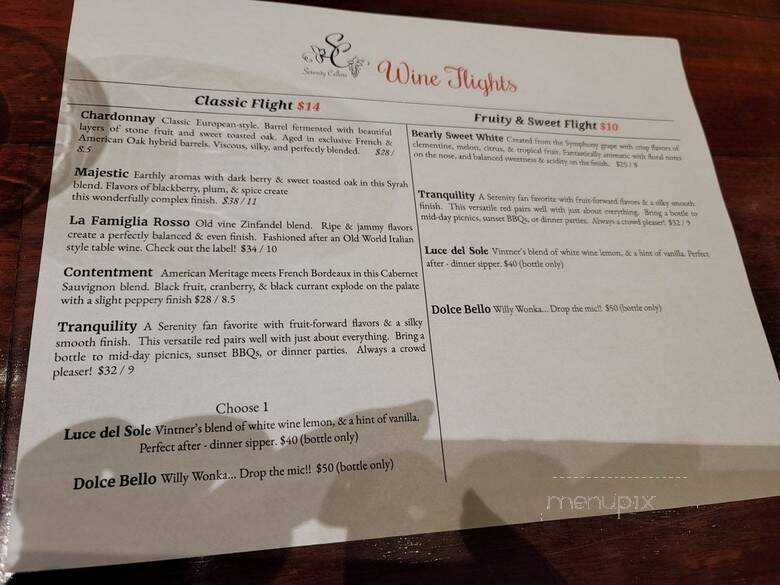 Serenity Cellars Winery - Cleveland, GA menu_pic