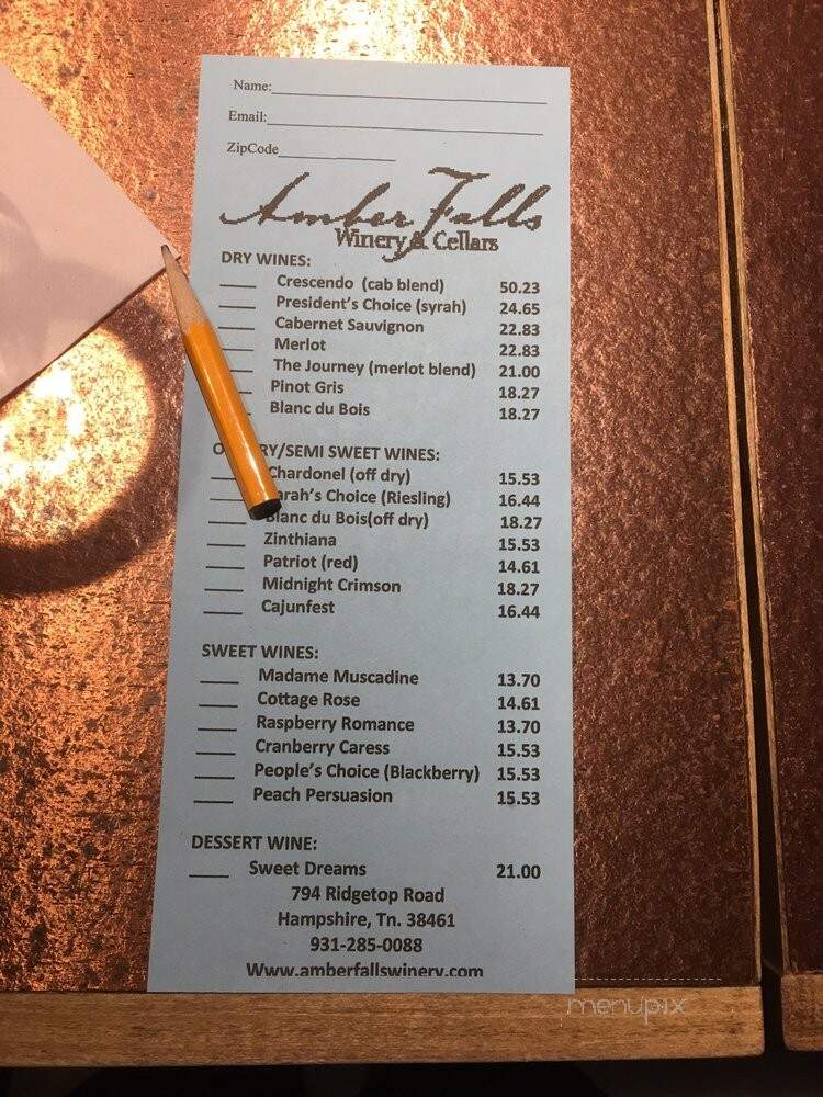Amber Falls Winery & Cellars - Hampshire, TN menu_pic