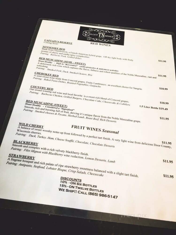 Tennessee Valley Winery - Loudon, TN menu_pic