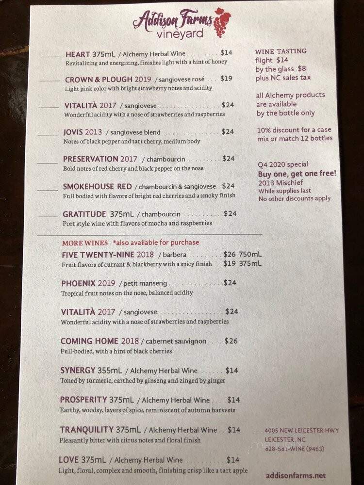 Addison Farms Vineyard - Leicester, NC menu_pic