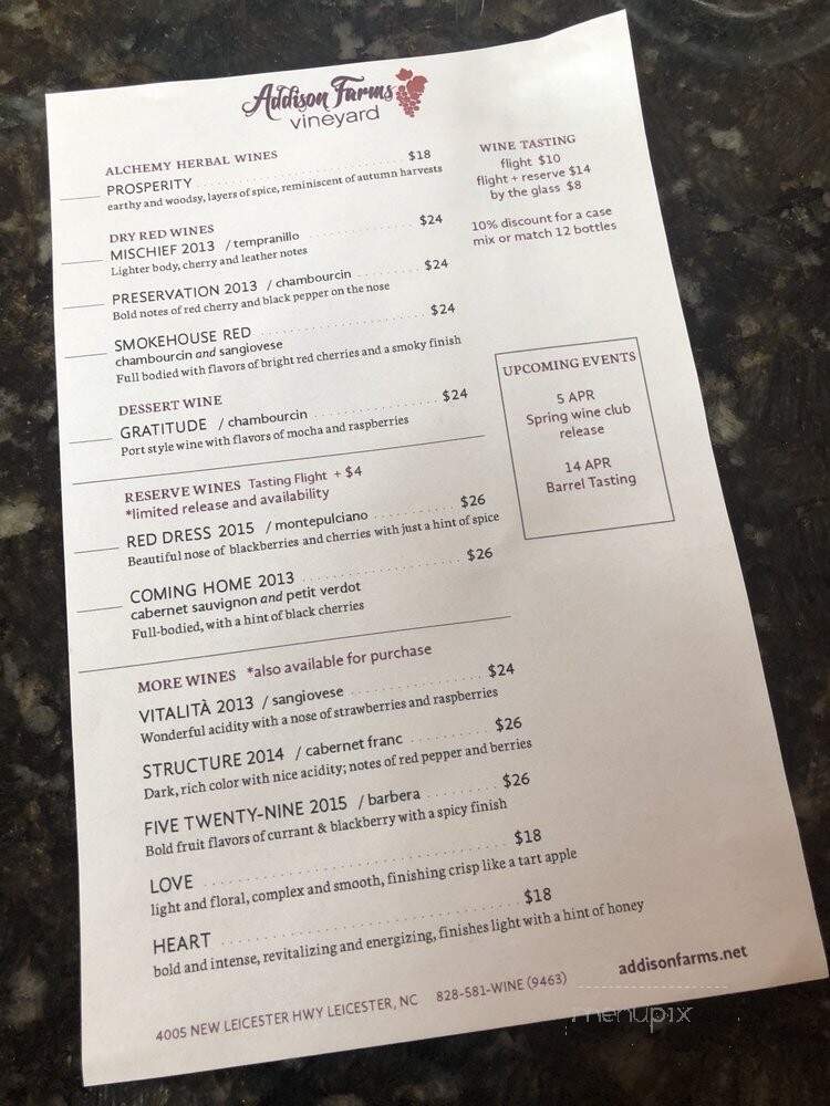 Addison Farms Vineyard - Leicester, NC menu_pic